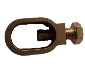 A heavy-duty brass ground rod clamp with a steel hex-head bolt for electric fencing