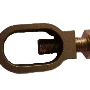 A heavy-duty brass ground rod clamp with a steel hex-head bolt for electric fencing