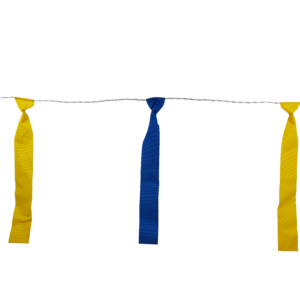 Margo Turbo Fladry line with blue and yellow flags hanging from electrified polywire used as a wolf deterrent around livestock pasture